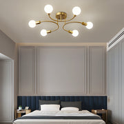 Curved-Arm Semi-Flush Chandelier with White Shades — Gold Iron, E27, 4, 6, or 8-Light