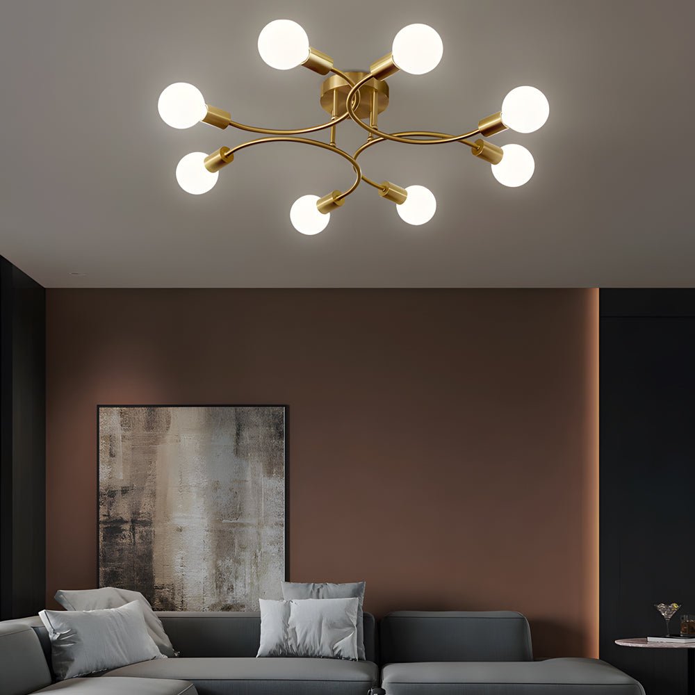Curved-Arm Semi-Flush Chandelier with White Shades — Gold Iron, E27, 4, 6, or 8-Light