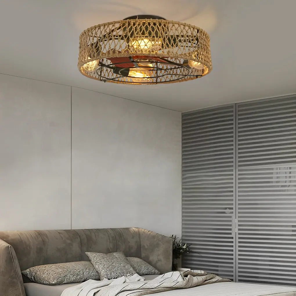 Industrial Style Inverter Ceiling Fan Lamp with Creative Rattan and Iron Design Luxe