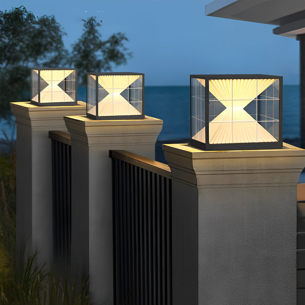 Square Hourglass Solar Fence Post Light — Stainless Steel & Acrylic, LED 3000K, IP65 Weatherproof, Black