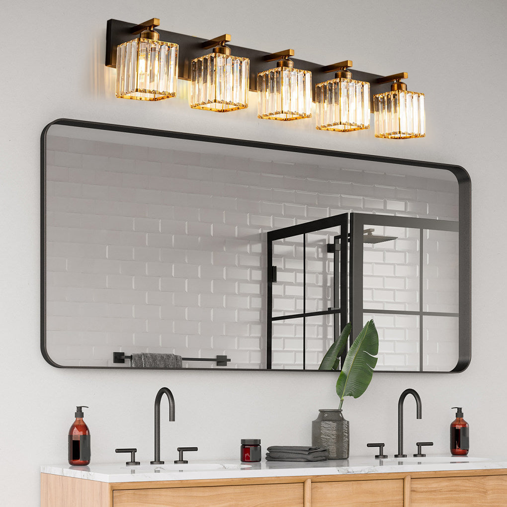 Square Crystal Multi-Light Vanity Sconce — Black and Gold Electroplated Metal, 4-Light / 5-Light, 28.3" Wide