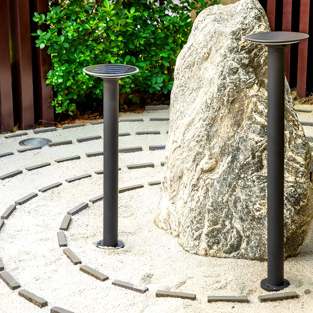 Round Solar Bollard Light — Die-Cast Aluminum, Black, Dusk-to-Dawn, Waterproof, 24"/31"/39"