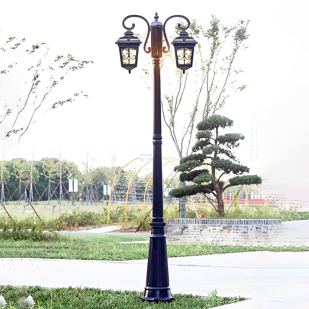 2-Light Retro Outdoor Post Light — Die-Cast Aluminum and Glass, Bronze/Black, E27, IP65, Hardwired, 21.7" W × 116.1" H