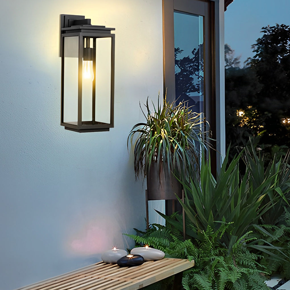 Industrial Outdoor Wall Sconce — Black Die-Cast Aluminum and Glass, Rectangular, Waterproof, E27
