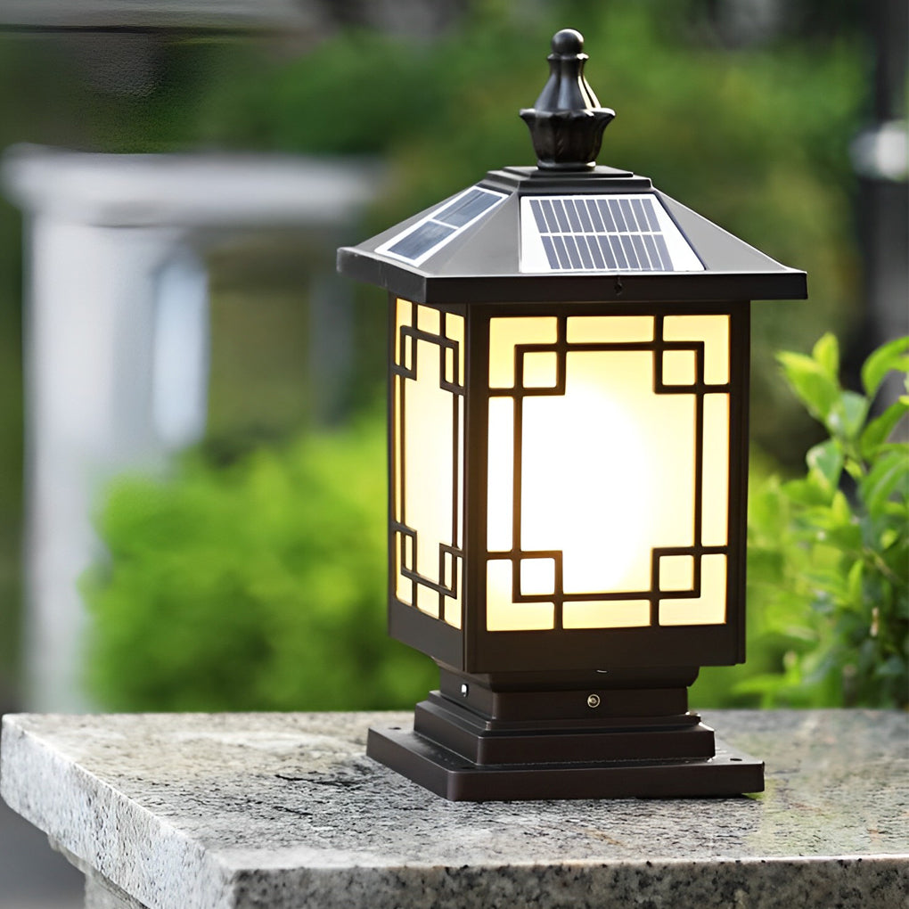 Brown Solar Fence Post Light — Die-Cast Aluminum, Retro Grille, Three-Color LED, IP65 Weatherproof