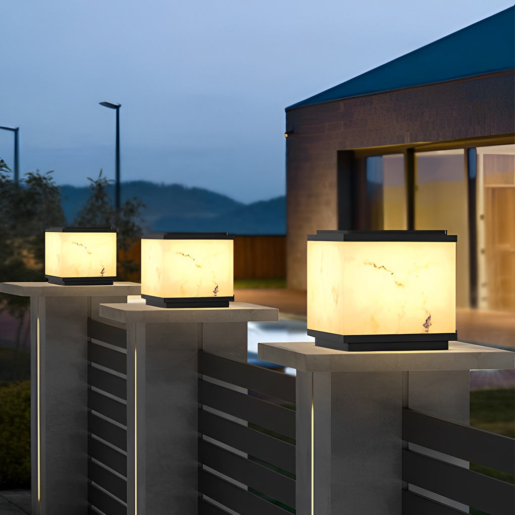 Modern Square Fence Post Pillar Light — Die-Cast Aluminum, Imitation Marble, Solar LED, 3000K, IP65 Waterproof