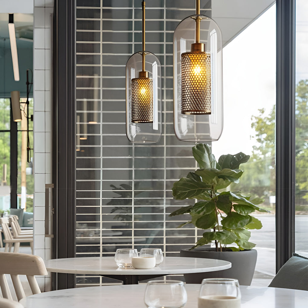 Industrial Minimalist Round Glass Pendant Light — Clear Glass, LED, Kitchen Island