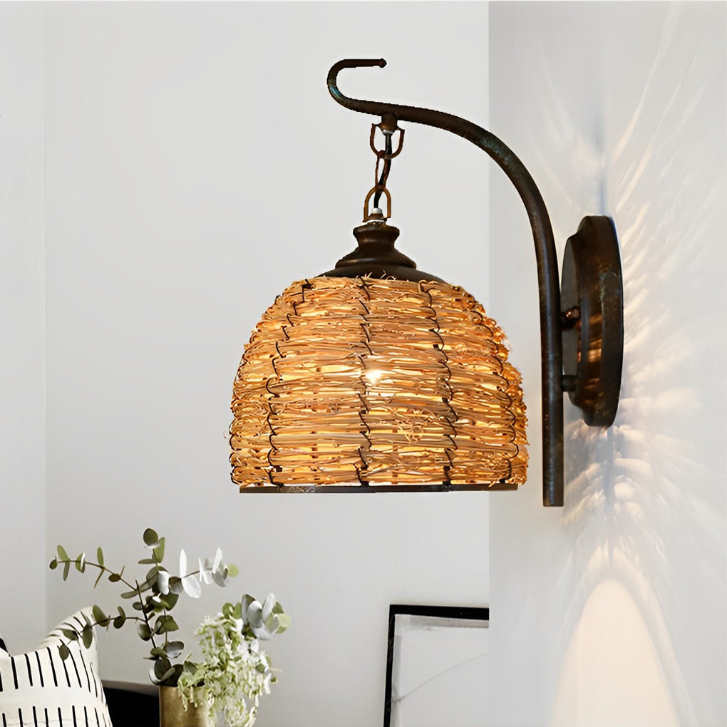 Rustic Handwoven Rattan Wall Sconce — Iron, E27, 8" Diameter, Warm White 3000K