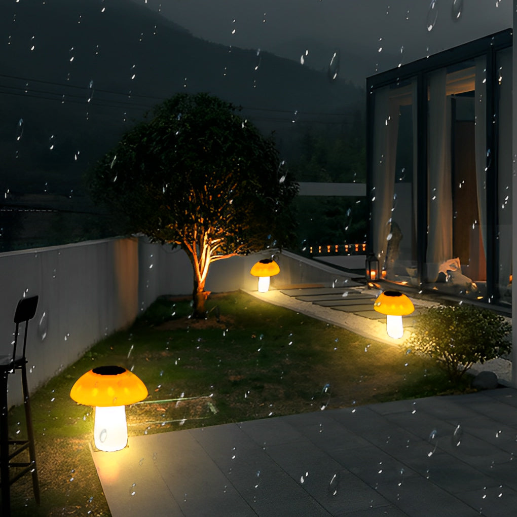 Mushroom Solar LED Lawn Light — ABS, Warm White 3000K, Auto Dusk-to-Dawn, IP Weatherproof, 7" × 15"