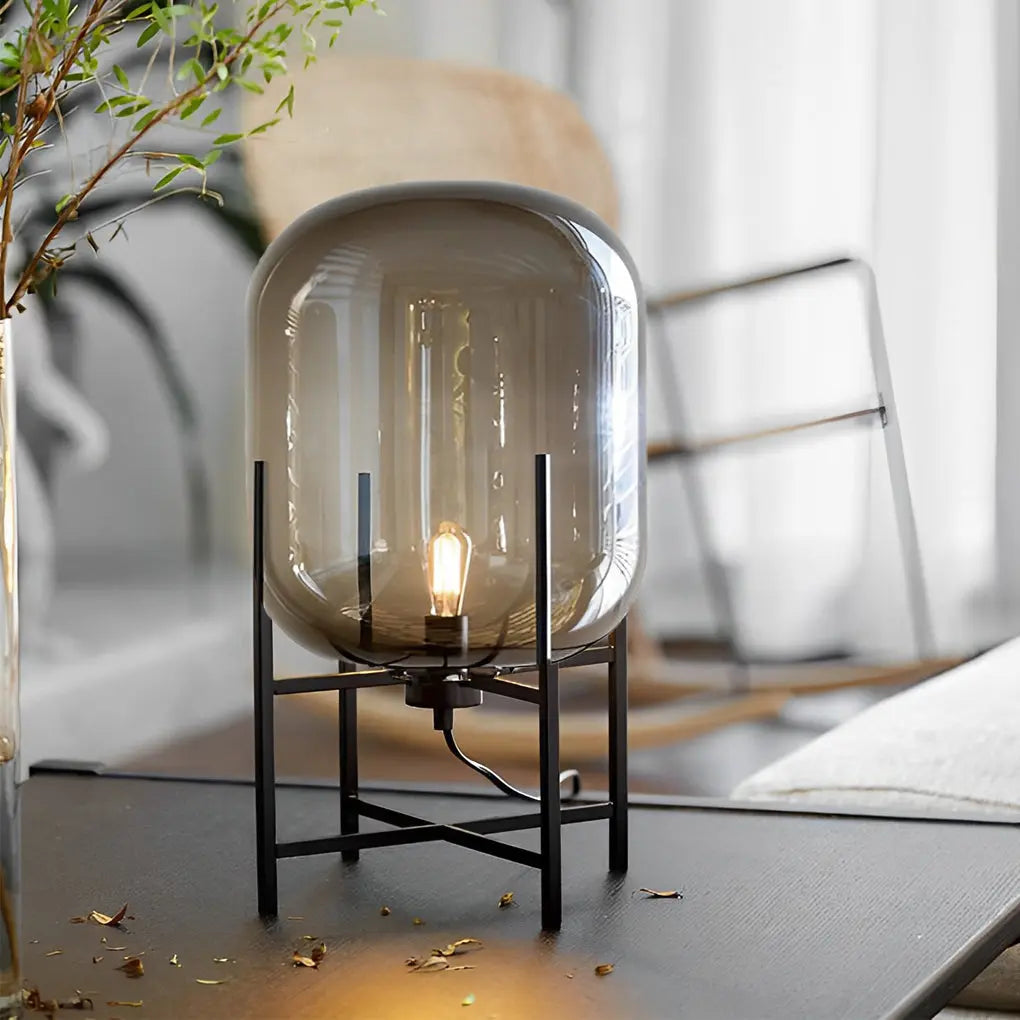 Industrial Floor Lamp with Standing Metal Base and Hand-Blown Glass Shade Luxe