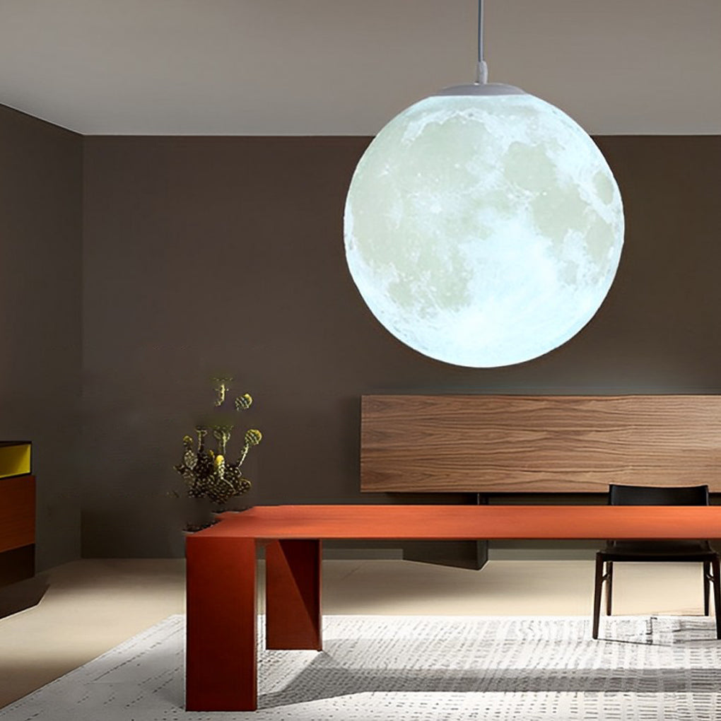 3D Moon Sphere Pendant — Iron, Lunar-Texture Lampshade, Adjustable Hanging Wire, 7.9"–15.7"