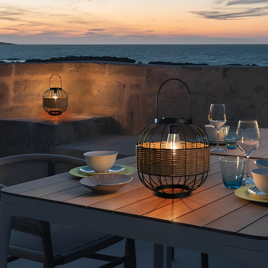 Rattan Cage Portable Outdoor Solar Lantern — Rustic Modern, IP55 Weatherproof, 9" Diameter