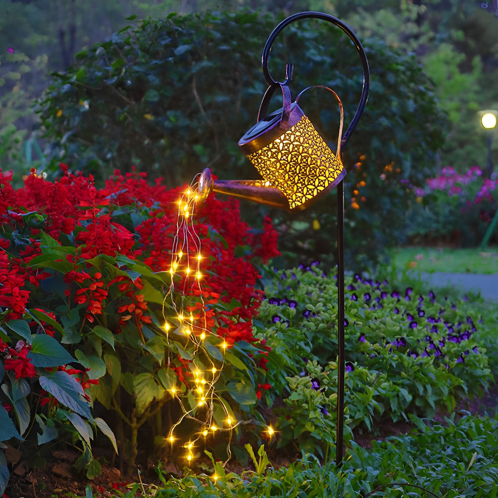 Iron Kettle Shower Solar Garden Light — Iron, LED, IP55 Weatherproof, Dusk-to-Dawn