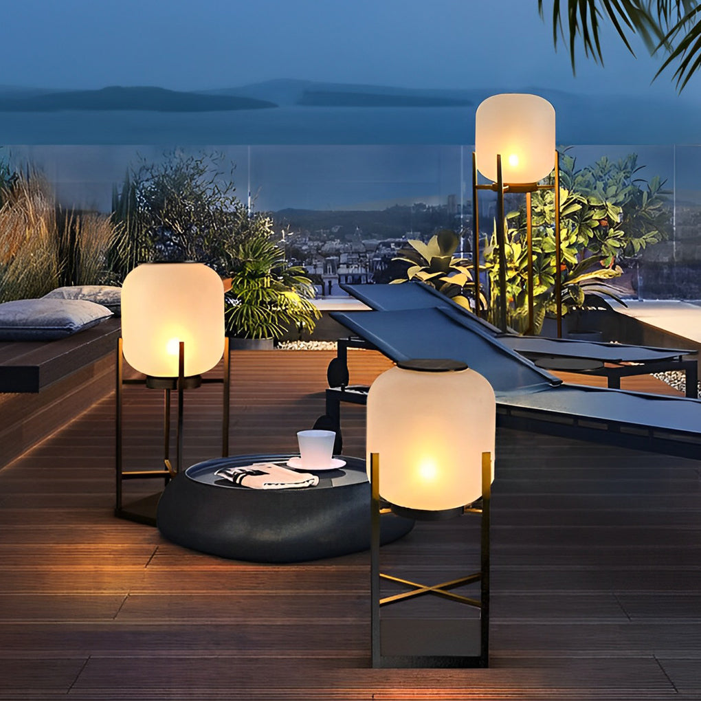 Lantern Outdoor Floor Lamp — Black Stainless Steel & Acrylic, LED, Solar or Hardwired, IP65, 3000K