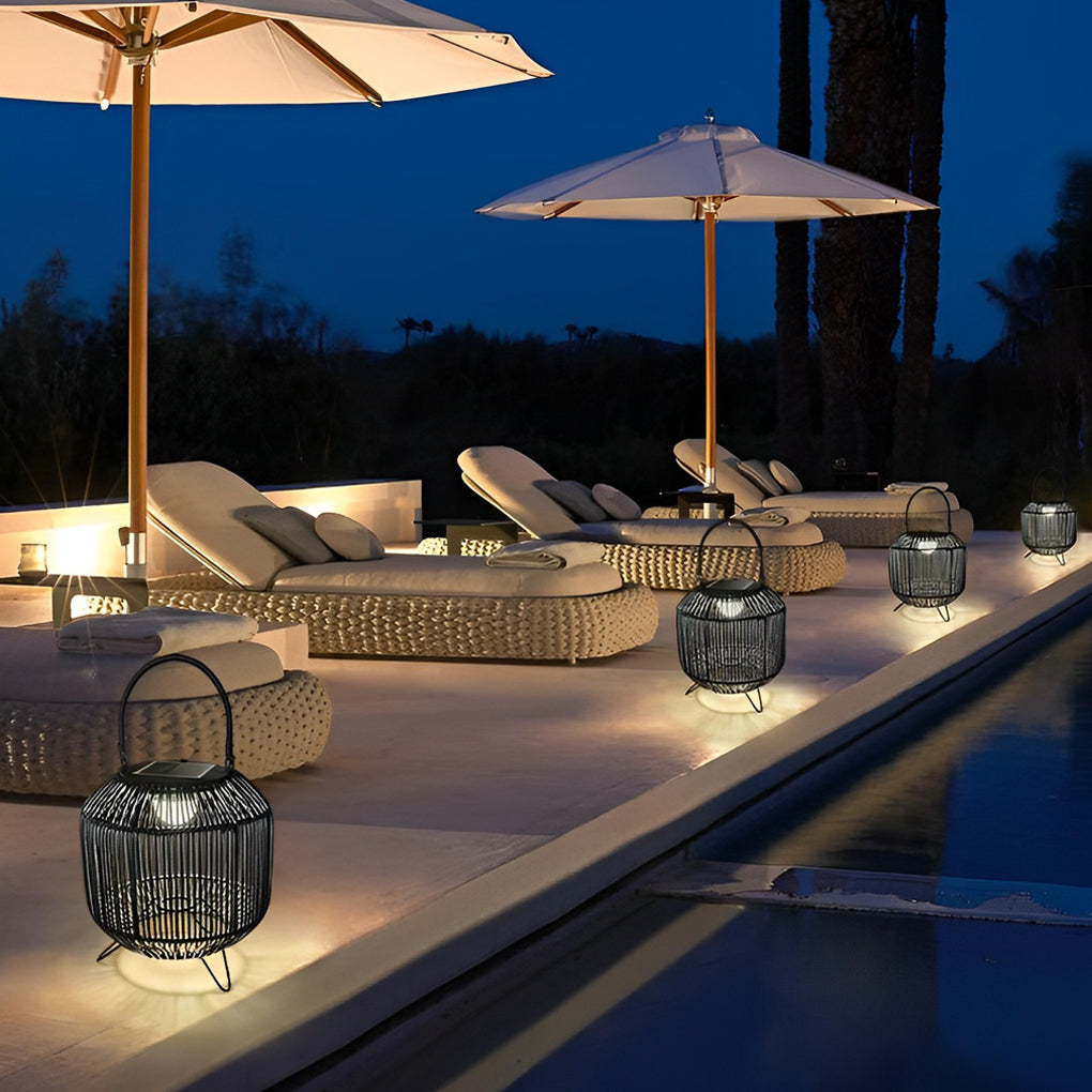 Retro Rattan Portable Outdoor Lantern — Iron and Wicker, Solar-Powered, IP65 Weatherproof, 10" × 16"