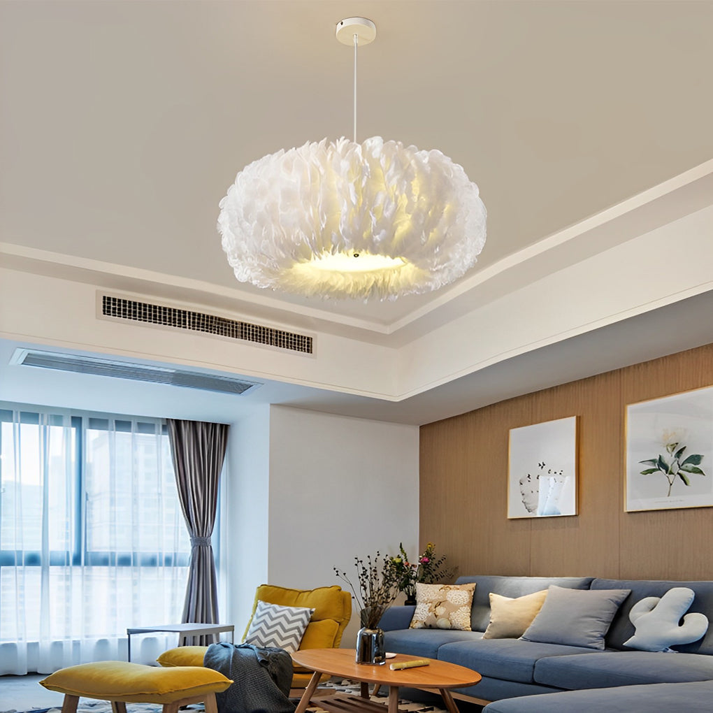 Modern Minimalist Feather Pendant Chandelier — White, Metal Frame with Acrylic Shade, 3000K Warm White, 20" or 24"