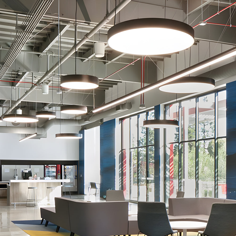 Round Minimalist Office Pendant — Matte Black Iron, LED 6000K, 21W–84W Adjustable Hang