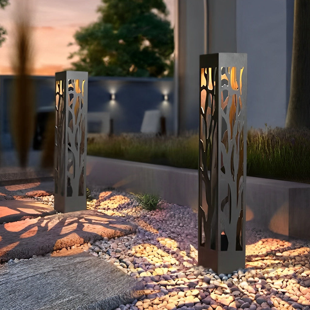 Hollow-Out Branch Solar Bollard Light — Stainless Steel, LED, IP54, Dusk-to-Dawn, 23.6" or 31.5"
