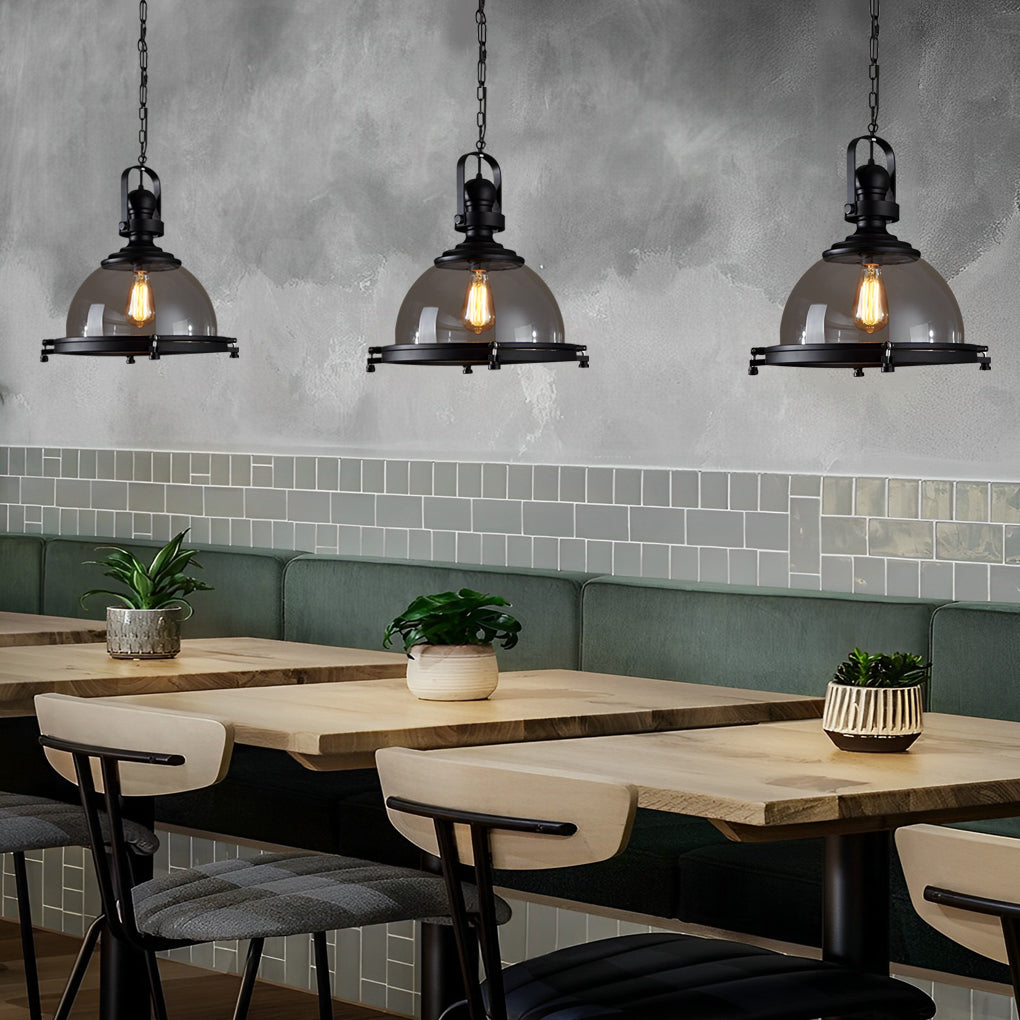 Industrial Semicircular Bowl Pendant Chandelier — Black Iron and Transparent Glass, 16" Diameter