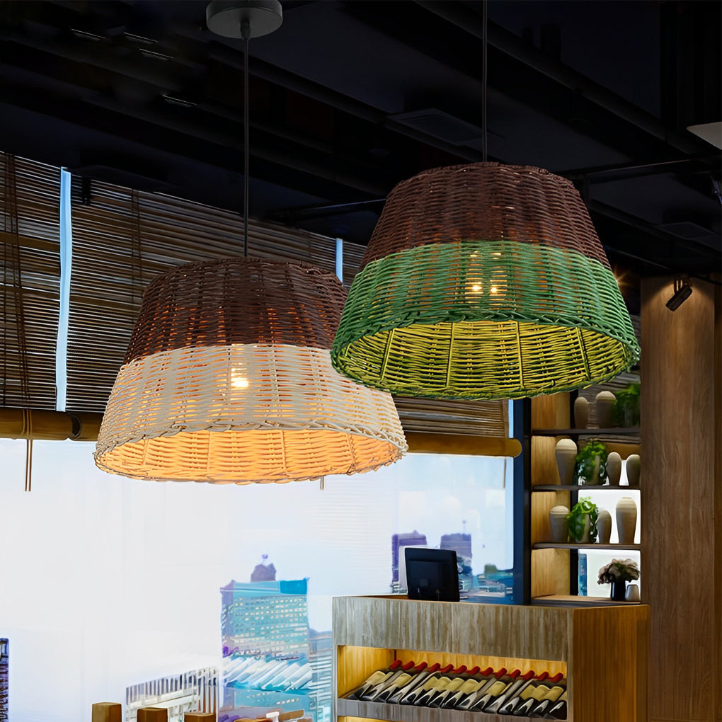 Retro Rattan Pendant Light — Handcrafted Natural Rattan, Industrial, E27, 15" Diameter