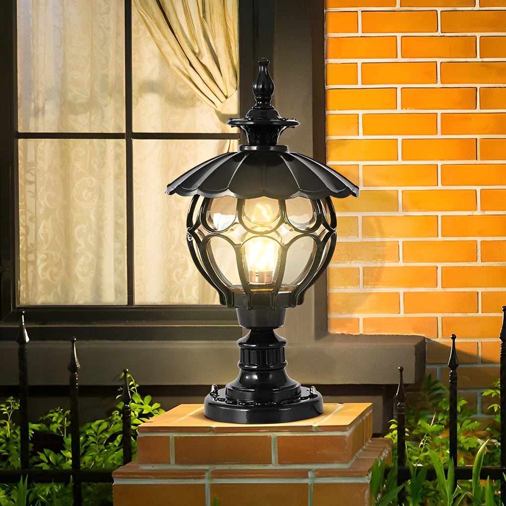 Flower Ball Outdoor Pillar Light — Die-Cast Aluminum, Cognac Glass, E27, 9" × 17", Black / Bronze