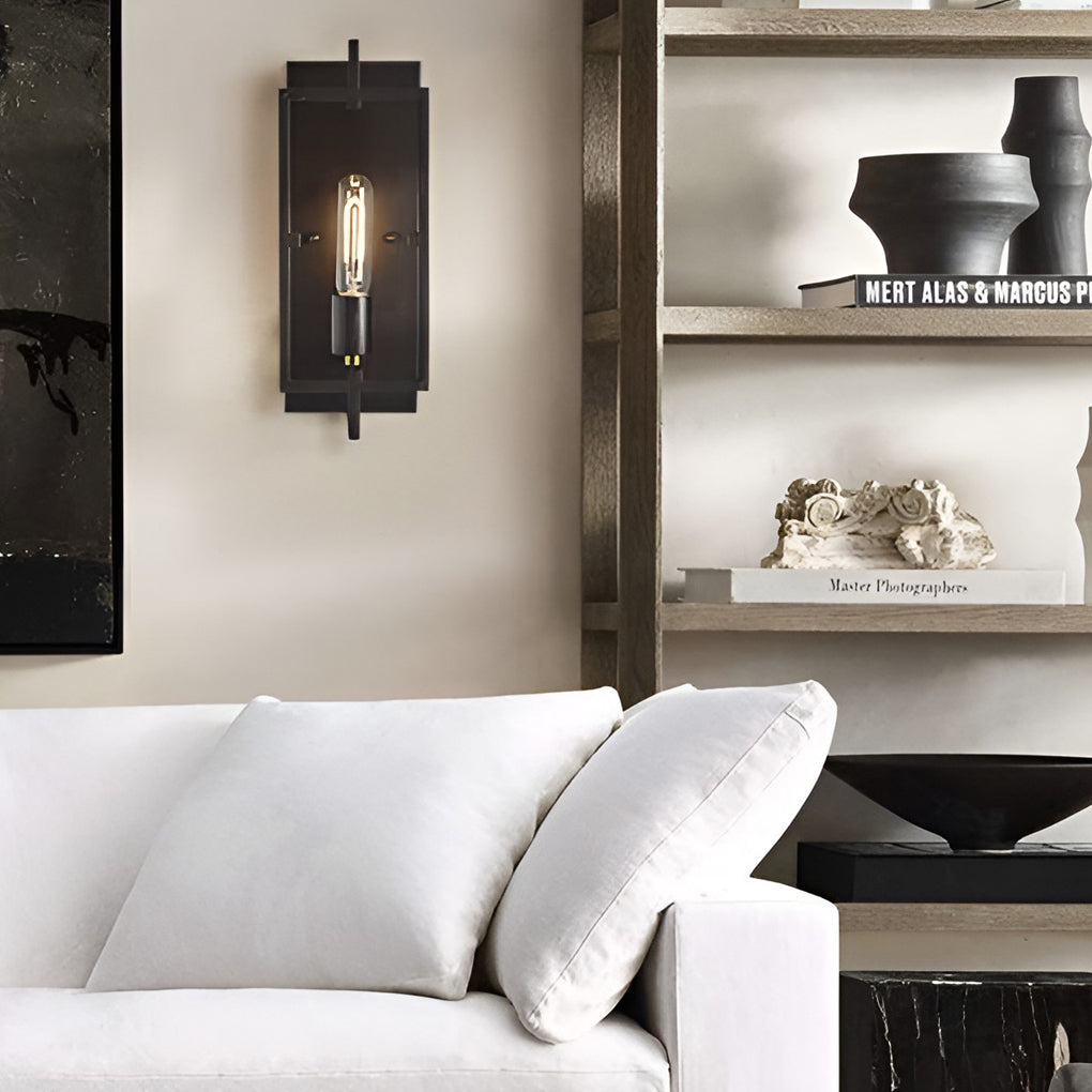 Industrial Rectangular Wall Sconce — Black Iron, E26, 5"W × 13"H