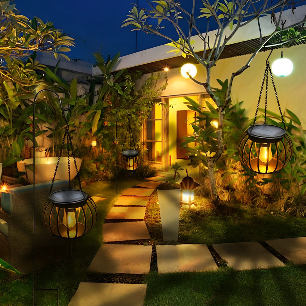 Pumpkin Solar Outdoor Lanterns, Set of 2 — Black Iron & ABS, LED, IP65, 7" Diameter, 12-Hour Runtime