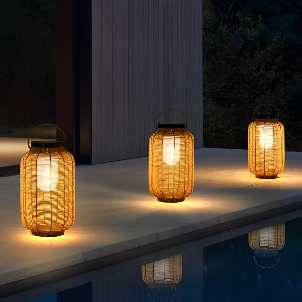 Hand-Woven Rattan Solar Portable Lantern Floor Lamp — Iron, LED, IP65 Weatherproof, 4500K