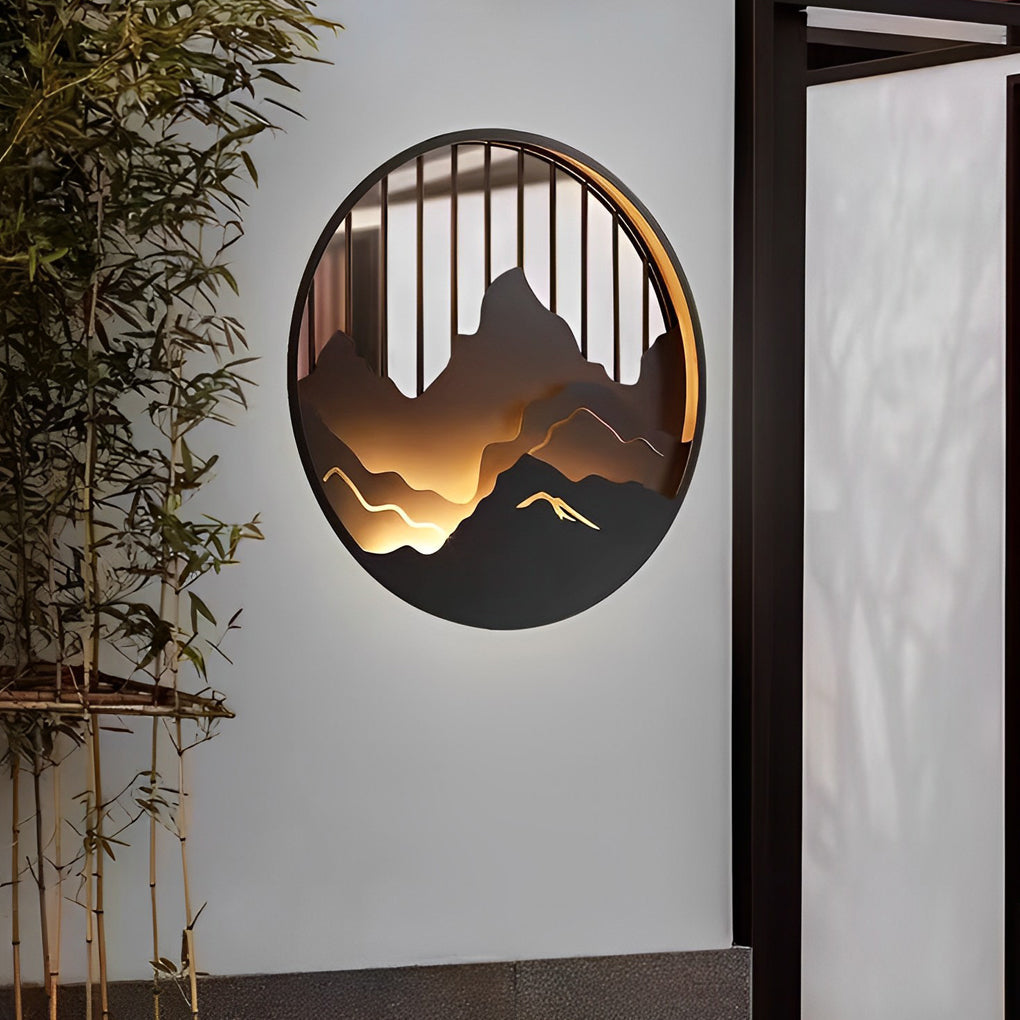 Round Mountain Scenery Outdoor Wall Sconce — Black Iron, LED Waterproof, 16"/24"/31"