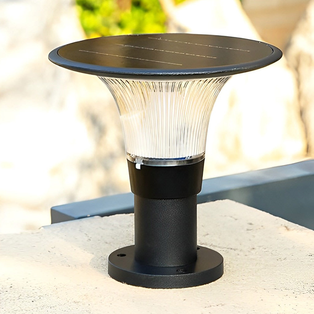 Modern Black Round Solar Post Cap Light — Die-Cast Aluminum, LED, Dimmable, IP55, Warm/White, 9" Diameter