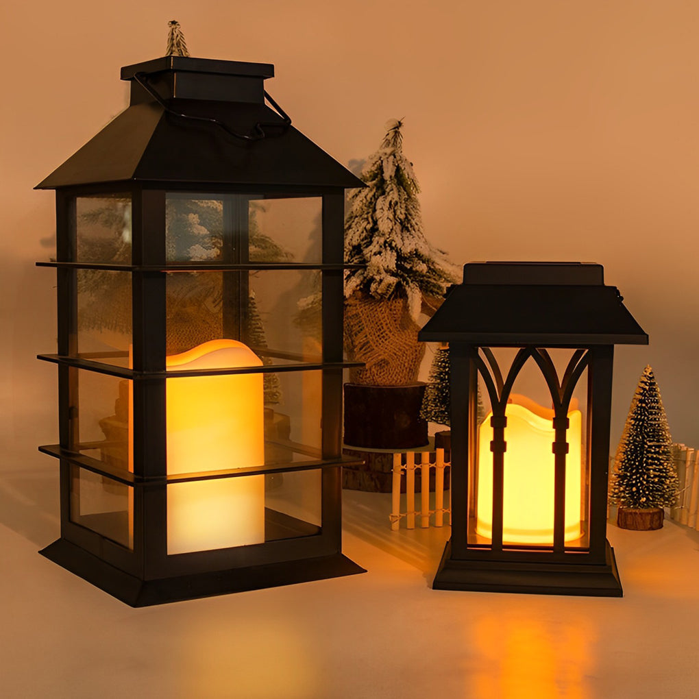 Black Solar Outdoor Portable Lantern — Glass, LED, IP54 Weatherproof, 3000K Warm White