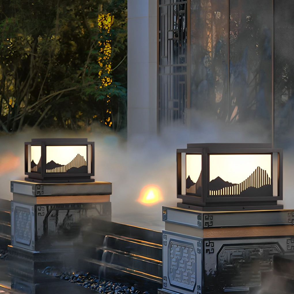 Square Solar Post Cap Light — Galvanized Steel & Acrylic, Mountain Scenery, LED E27, Hardwired / Solar, Warm White 3000K