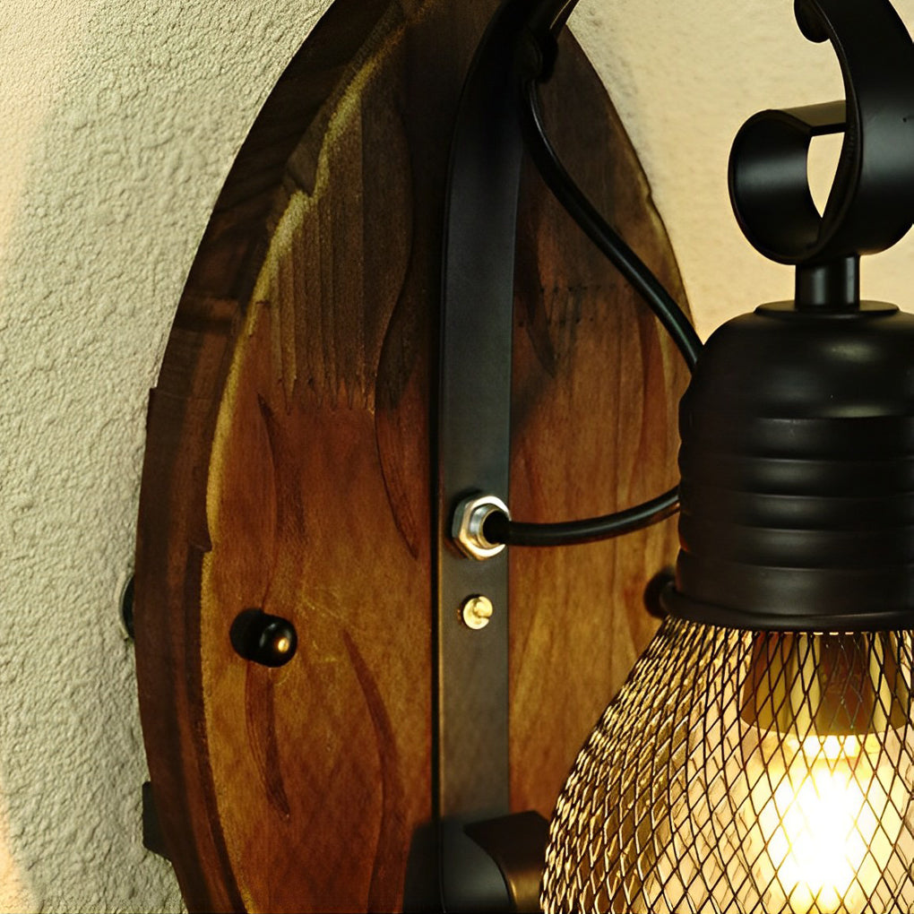 Industrial Rustic Wall Sconce — Antique Wood and Black Iron Hollow Mesh, E27, Hardwired, Max 40W