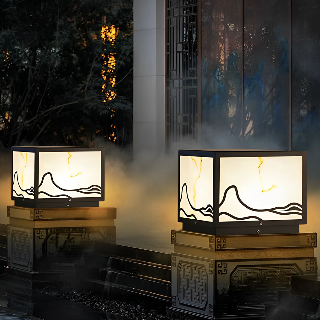 Mountain Scenery Solar Post Cap Light — Stainless Steel and Imitation Marble, LED, IP65, Warm White 3000K, Remote Control