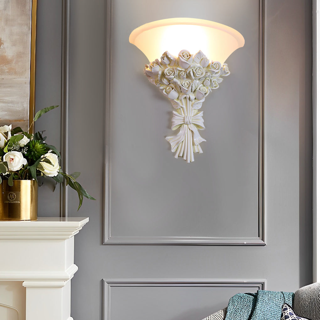 Resin Roses Bouquet Wall Sconce — Glass Shade, Gold or White, E27, 3000K, 12.2" × 12.6"