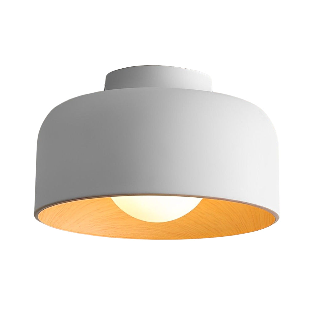 Bowl-Shaped LED Flush-Mount Ceiling Light — Iron and Glass, Imitation Wood Texture, 13.8", 3000K Warm White