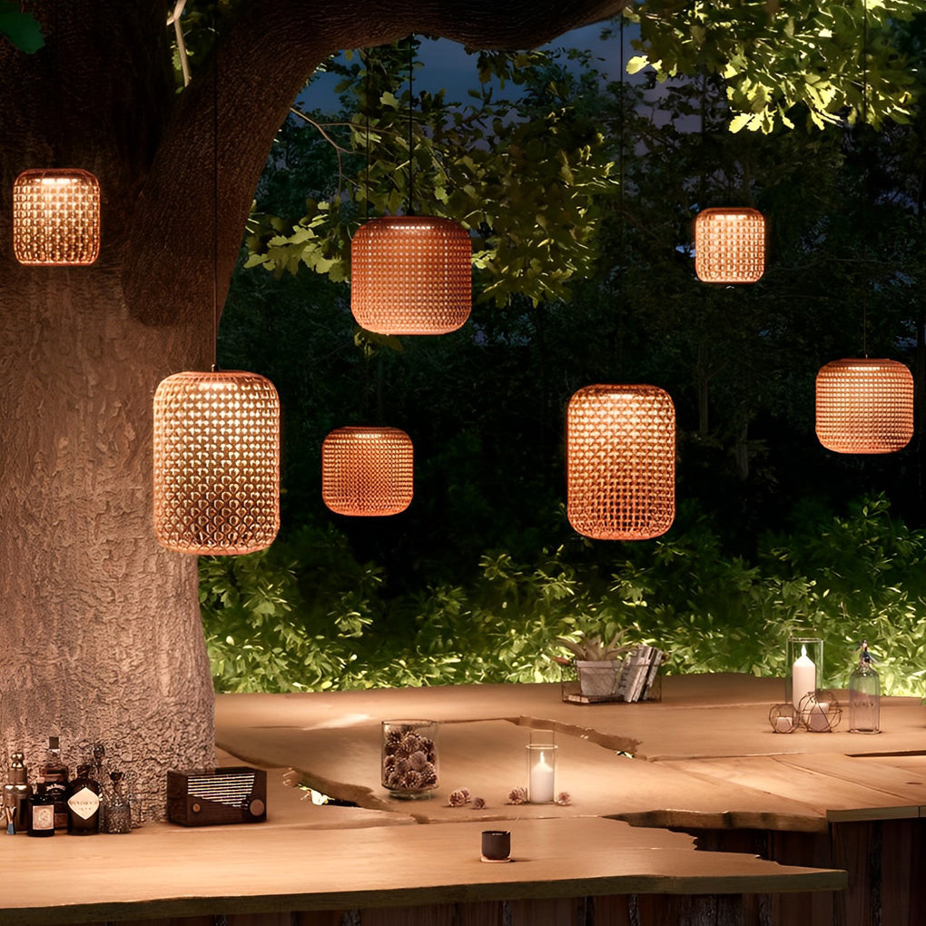 Rattan Lantern Outdoor Hanging Chandelier — Iron, Red, LED 10W 3000K, IP55 Waterproof, Hardwired
