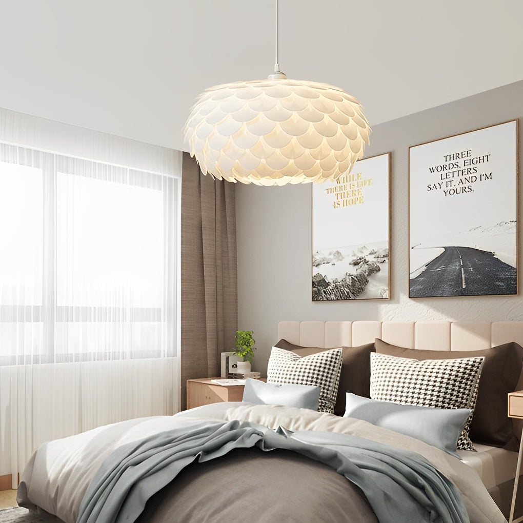 Fish Scale Round Pendant Light — White PP, Three-Step Dimming LED, 20W, 11.8" or 15.7"