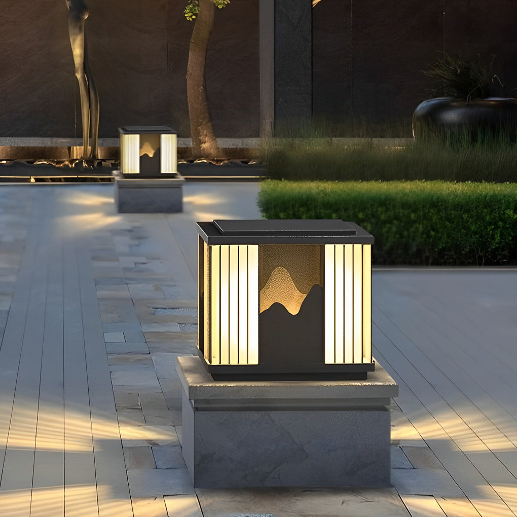 Modern Black Solar / Hardwired Post Cap Light — Stainless Steel, LED Mountain Scenery, IP65, 3000K Warm White