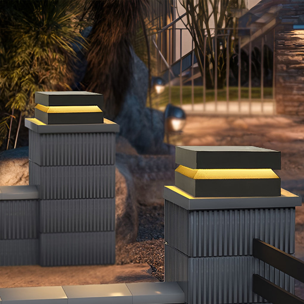 Modern Square LED Post Cap Pillar Light — Black Stainless Steel, 16W, Solar / Hardwired, IP65, 3000K