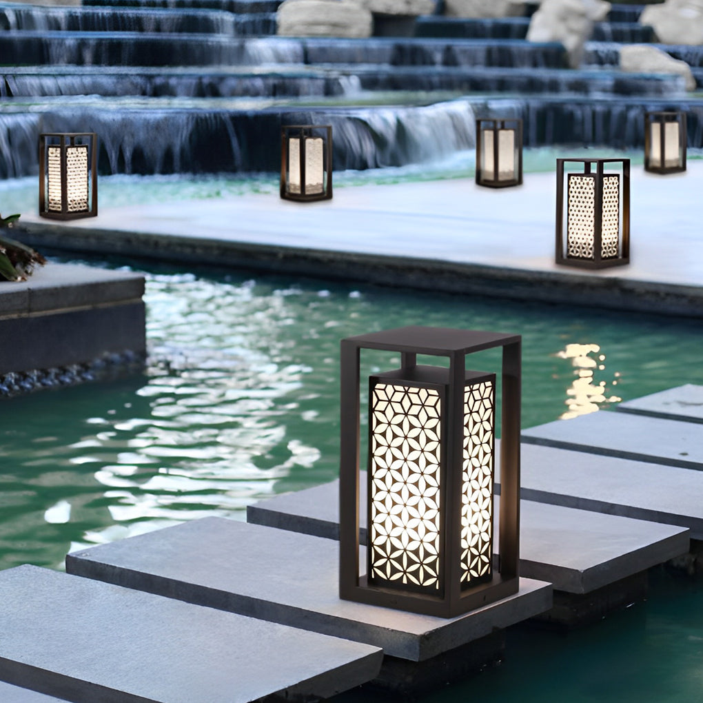 Floral Vintage Outdoor Bollard Path Light — Galvanized Steel & Acrylic, E27, IP65, 10W, Black