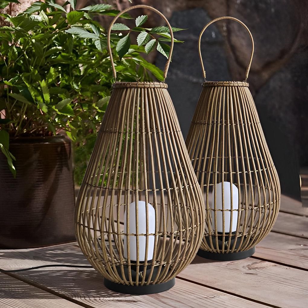 Modern Retro Portable Outdoor Lantern — Hand-Woven Rattan and Iron, E27, 13.8" × 20.9", Waterproof