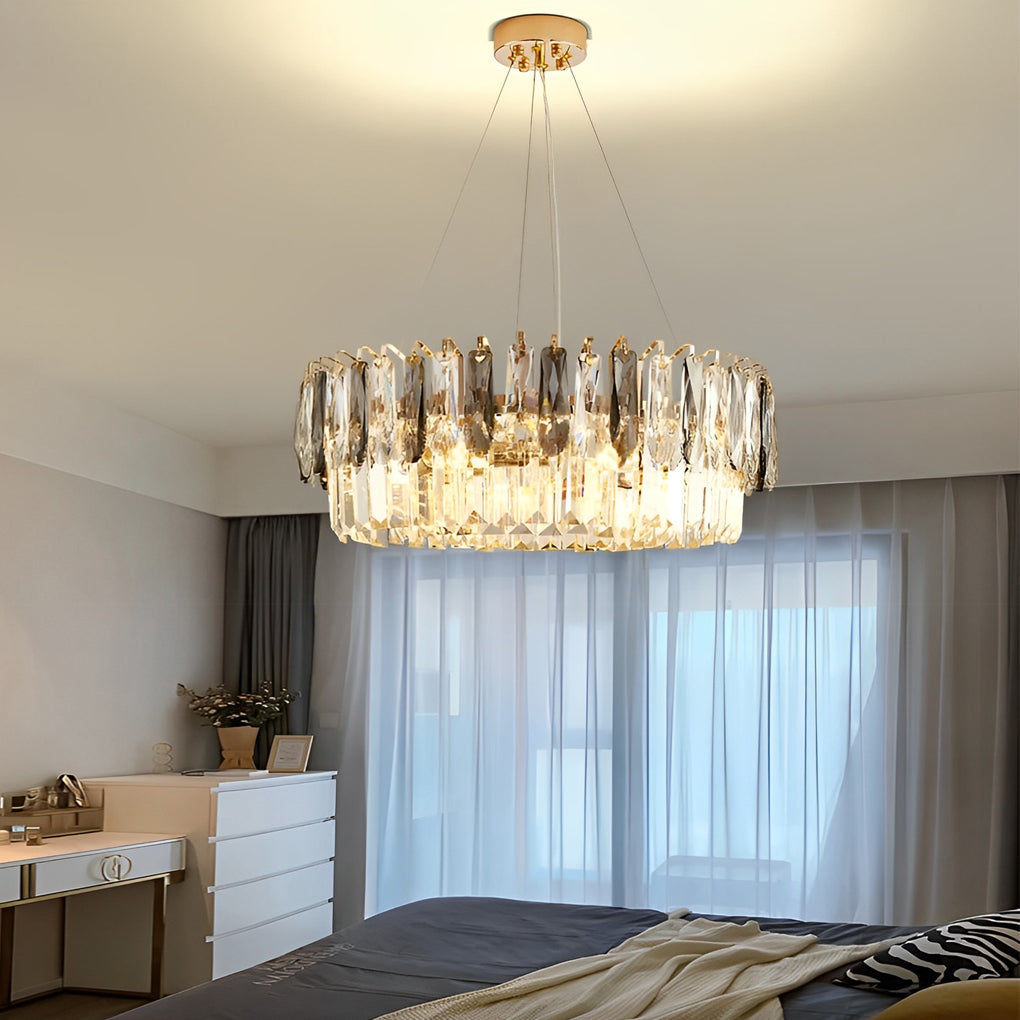 Modern Double-Layer Round Crystal Chandelier — Gold Electroplated Metal, Raindrop Crystal, Adjustable Height, 20"–39" Diameter
