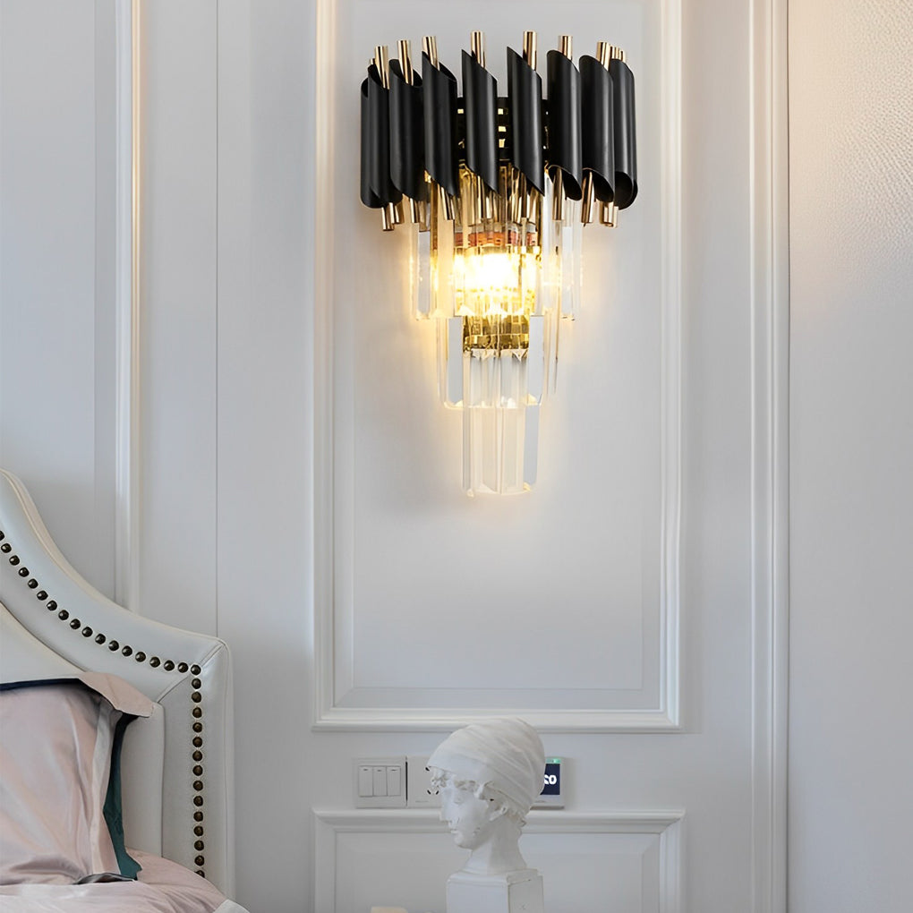 Postmodern Geometric Wall Sconce — Metal and Crystal Glass, 2-Light E14, Gold and Black, 10" × 14"