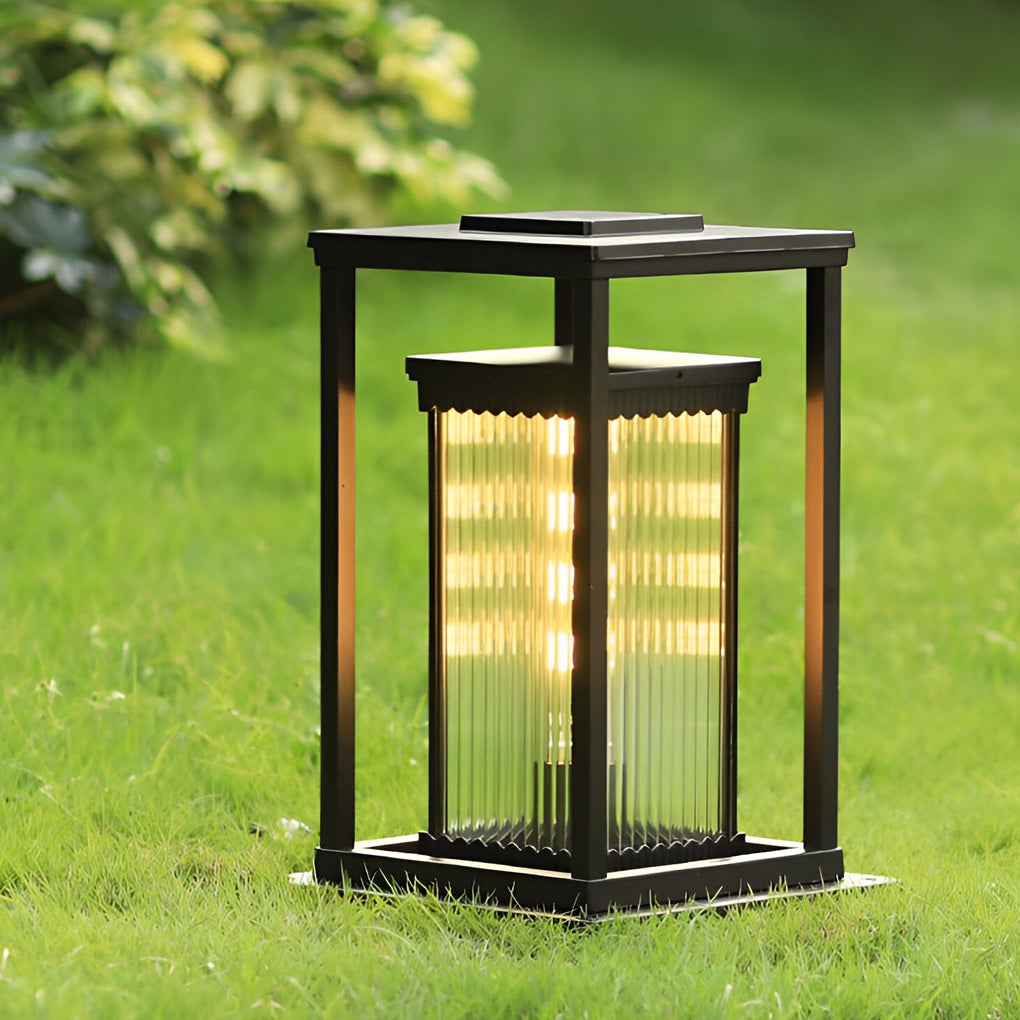 Square Solar Bollard Path Light — Black Die-Cast Aluminum, Ribbed Glass, 3000K LED, Auto Dusk-to-Dawn
