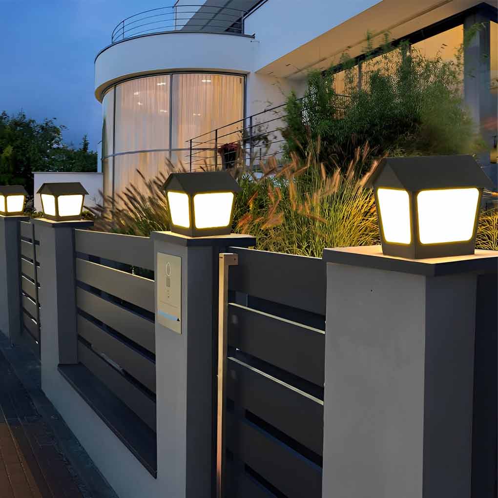Cottage-Shaped Outdoor Pillar Light — Stainless Steel & Acrylic, Solar / Hardwired, LED, IP54, Warm White 3000K