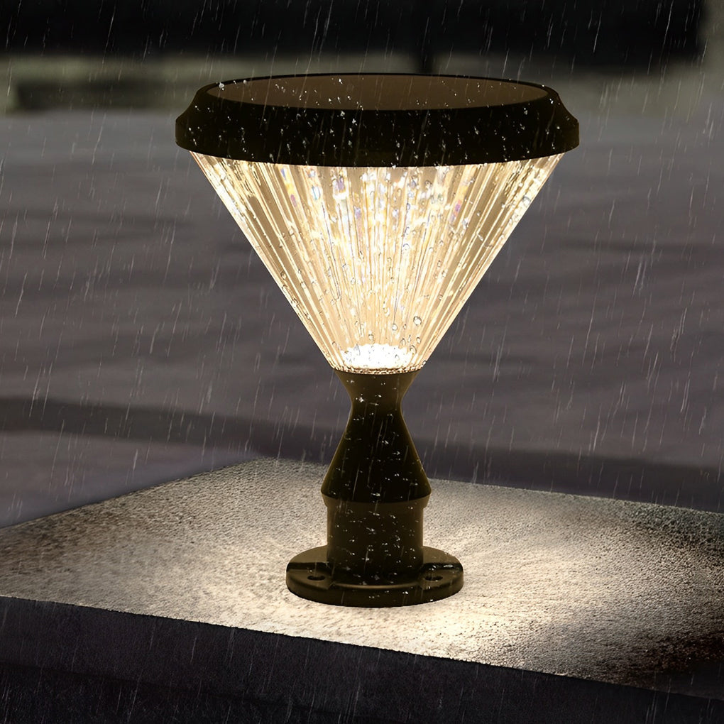 Round Ribbed Solar Pillar Light — Black Die-Cast Aluminum, LED 15W, 3000K, Light-Control