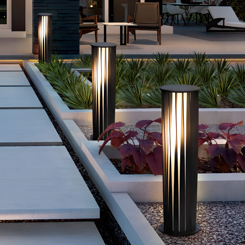Geometric Cage Solar LED Bollard Path Light — Die-Cast Aluminum, Black, IP65, 3000K, Available in 15.7", 23.6", or 31.5"