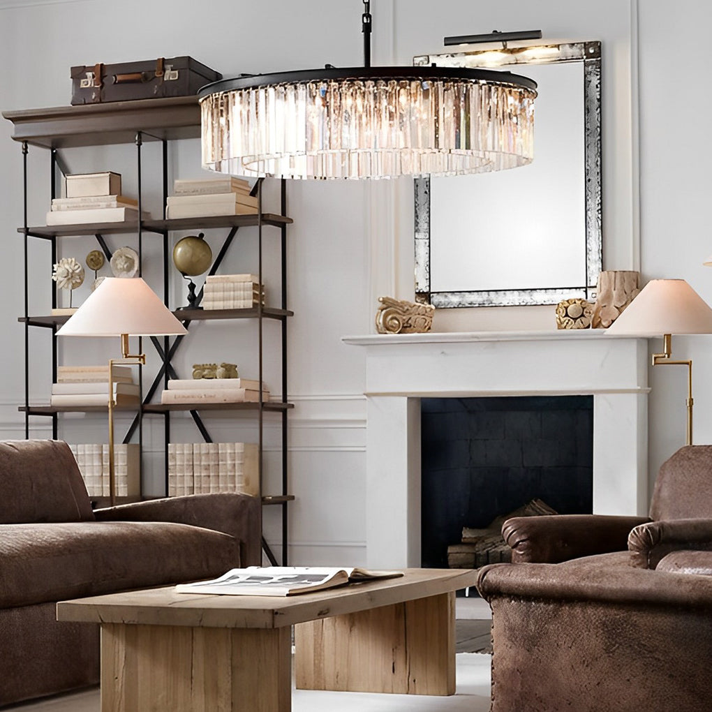 Round Crystal Strip Chandelier — K9 Crystal and Metal, Mid-Century Modern, 3000K Warm White, 21.7" or 33.5"