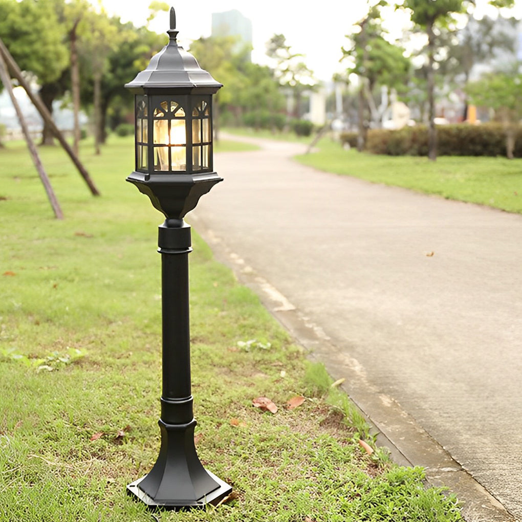 Slim Industrial Outdoor Post Light — Die-Cast Aluminum, Cylindrical Glass, E27, 32" H, Black / Bronze